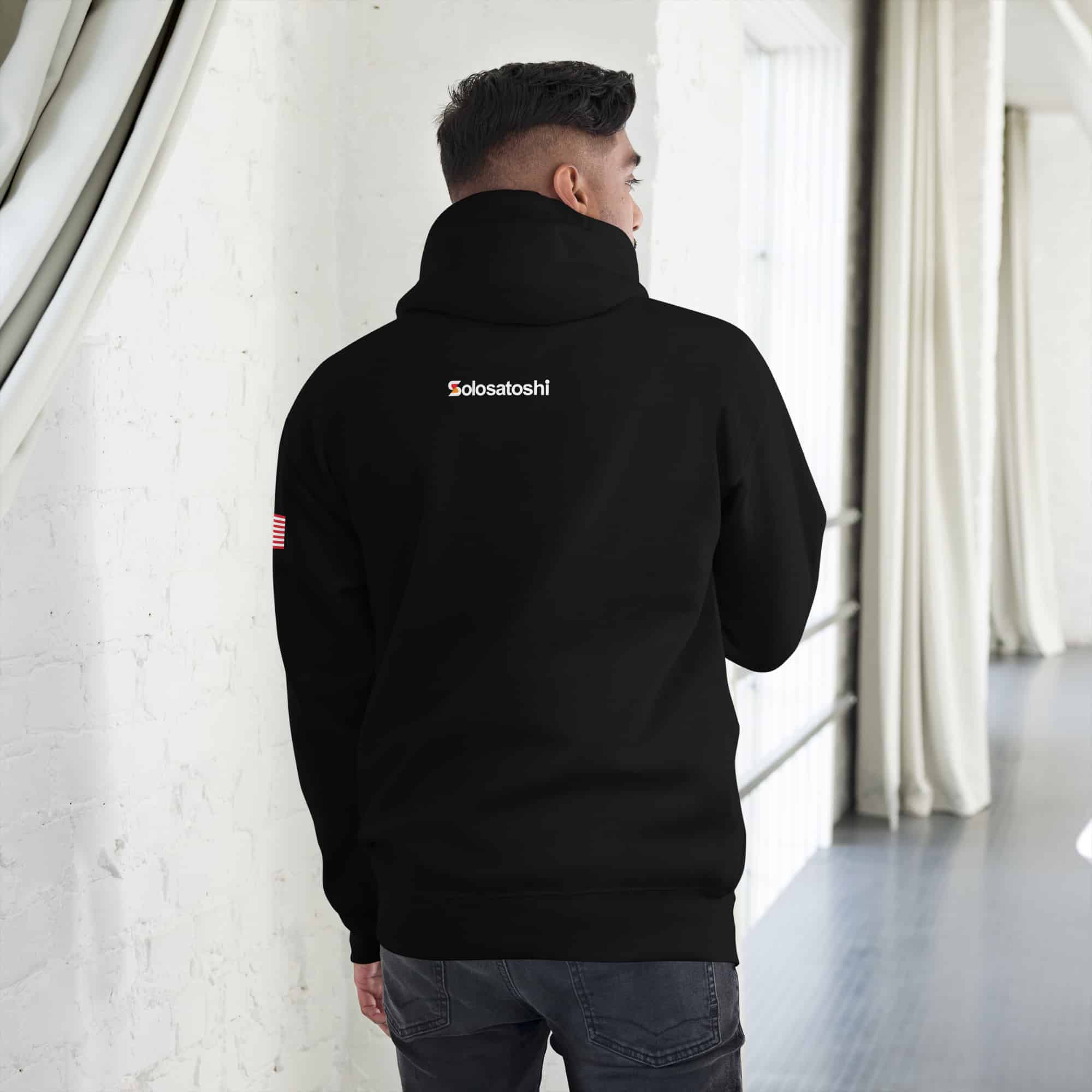 Solo Satoshi Block Hoodie (American Flag Sleeve) Black Pullover - Image 9