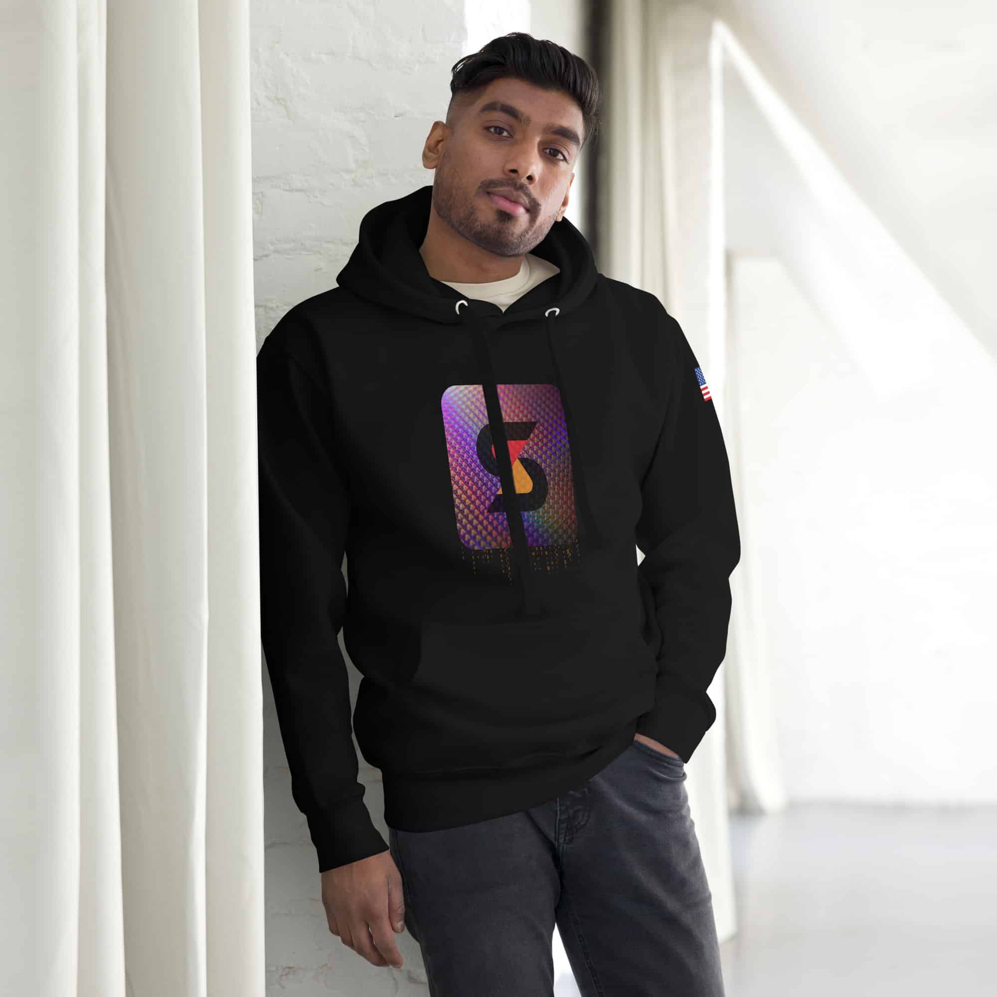 Solo Satoshi Block Hoodie (American Flag Sleeve) Black Pullover - Image 8